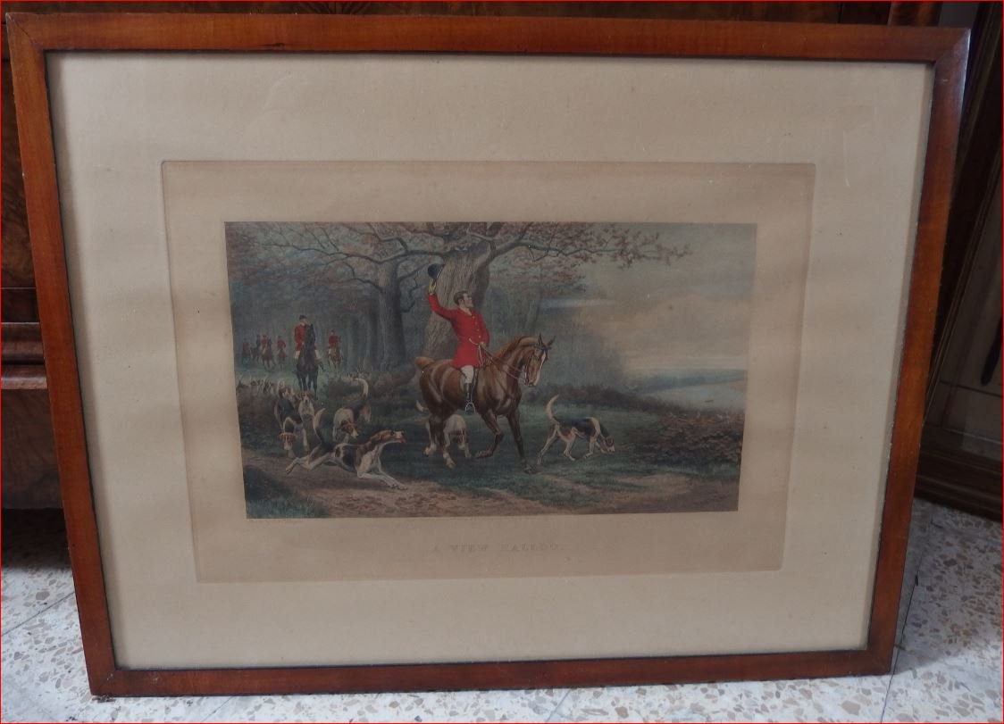Gravure polychrome , scéne de chasse à cour.