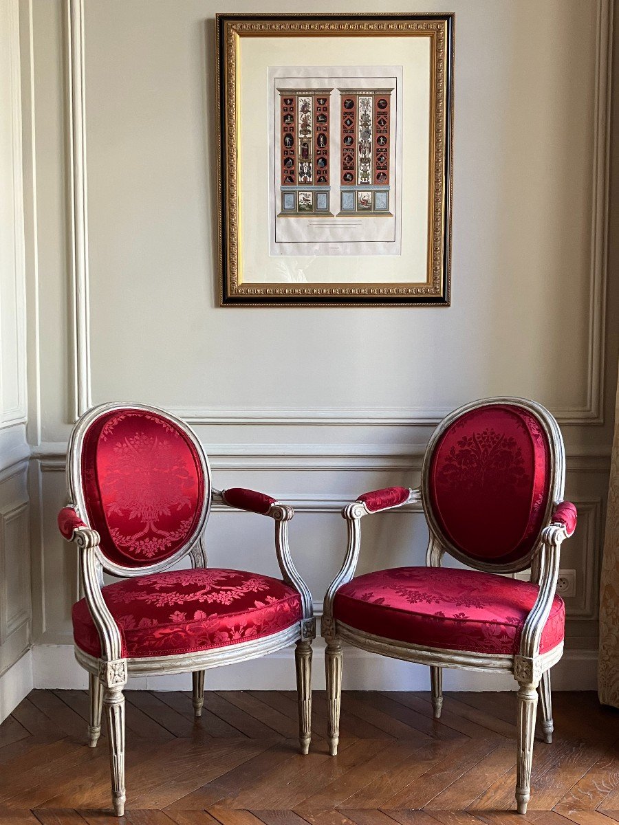 Suite De 4 Fauteuils Cabriolet à Dossier Médaillon d'époque Louis XVI Estampillés De Nadal-photo-3