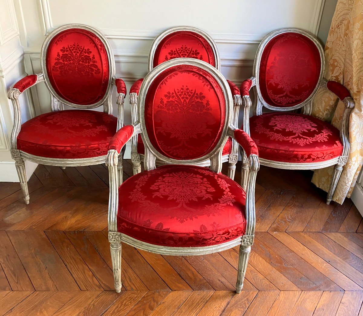 Suite Of 4 Louis XVI Cabriolet Armchairs With Medallion Backrest, Stamped By Nadal-photo-1