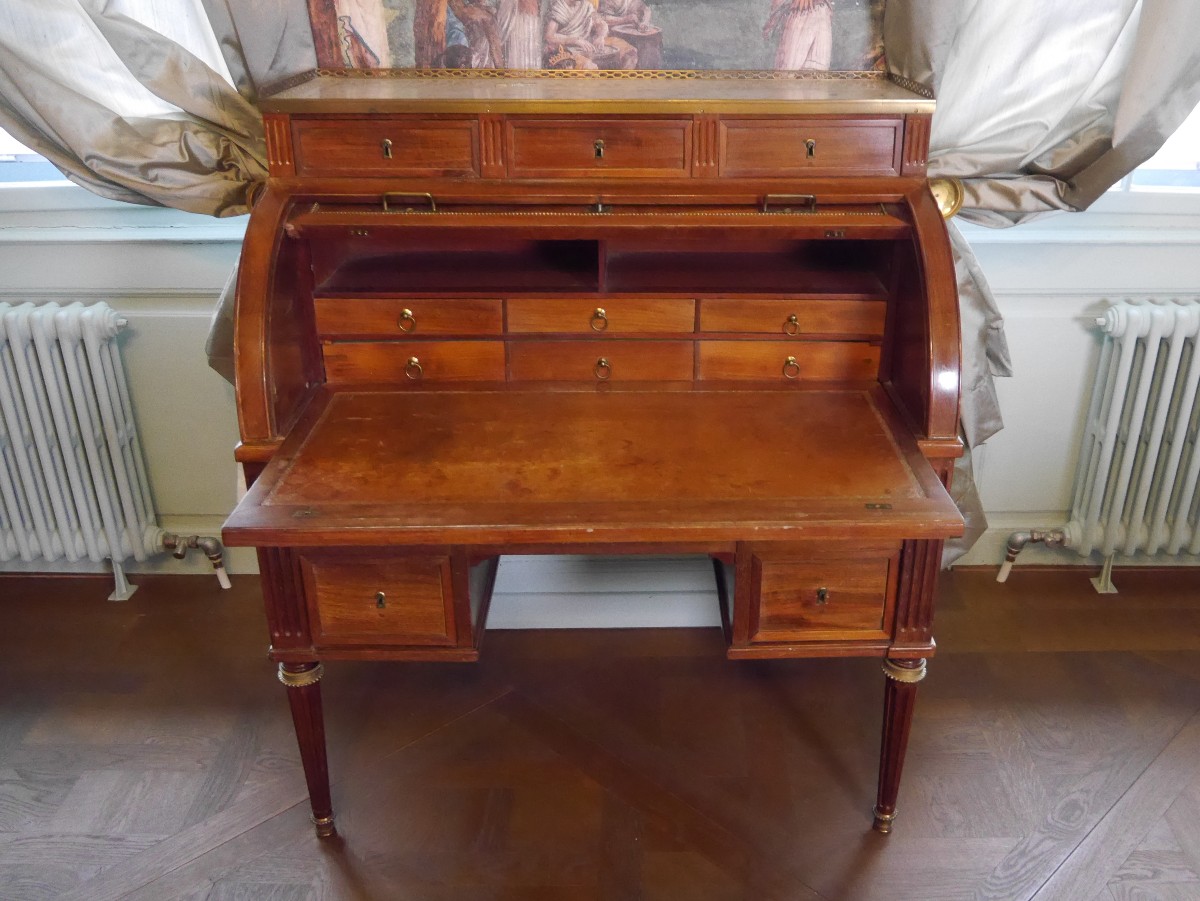 Bureau à Cylindre Toutes Faces d'époque Louis XVI En Acajou, XVIIIe Siècle, Estampillé F-photo-4