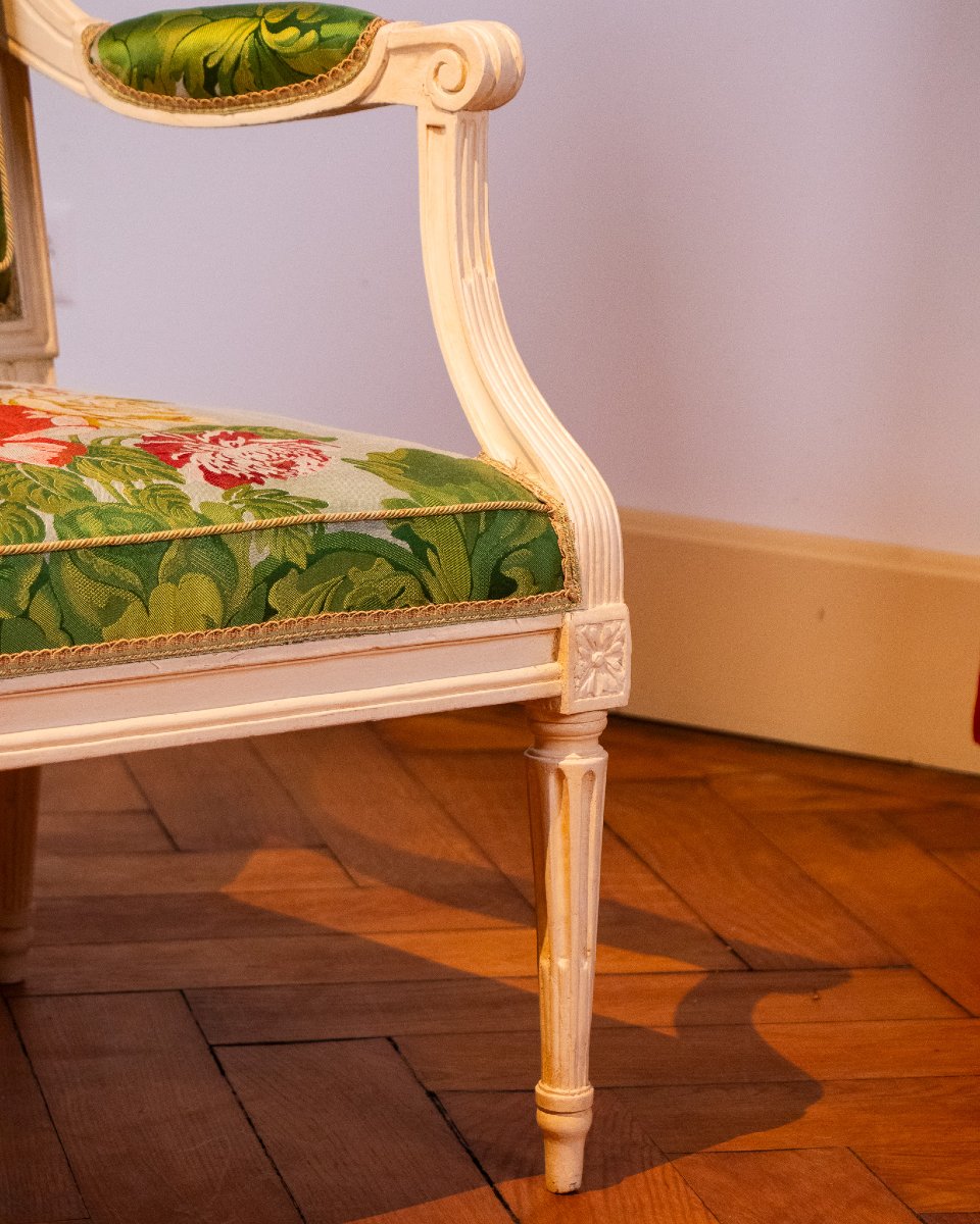 Paire de fauteuils à la reine en hêtre laqué estampillés JB Boulard d'époque Louis XVI, XVIIIe-photo-4