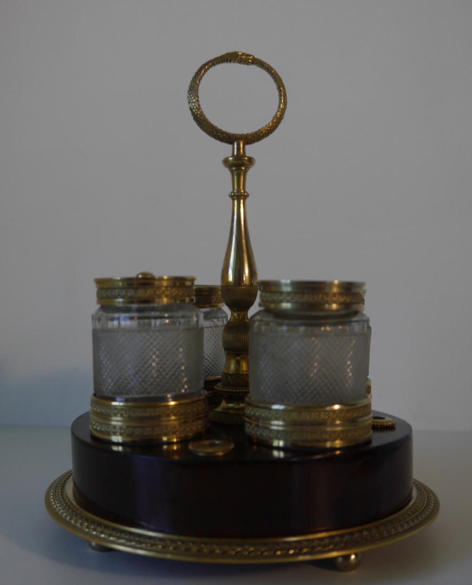 Inkwell In Gilt Bronze And Mahogany-photo-2