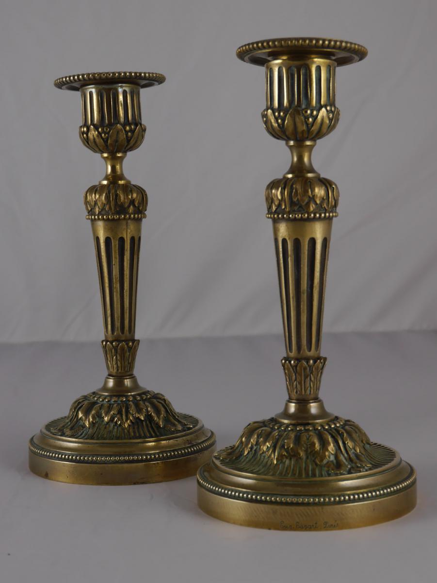 Pair Of Candlesticks In Gilt Bronze, Louis XVI Style, 19th Century