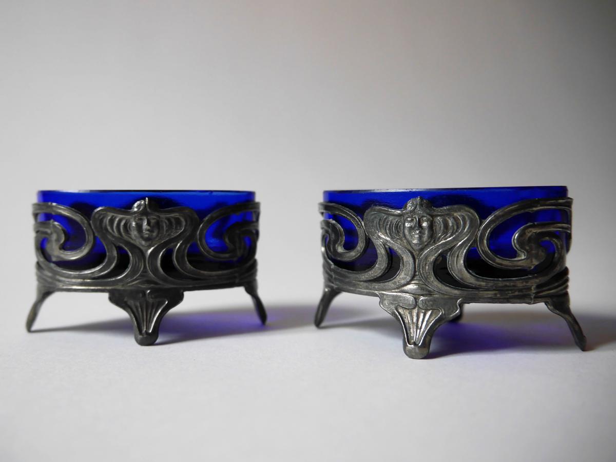 Pair Of Salt Cellars In Silver Plated Metal, Art Nouveau Period