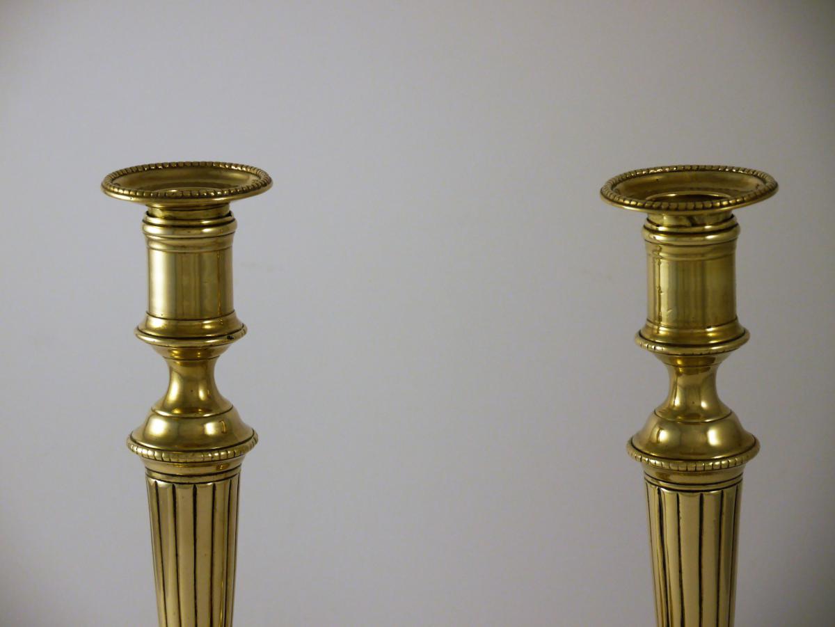 Pair Of Candlesticks In Gilded Brass, Louis XVI, 18th Century-photo-2