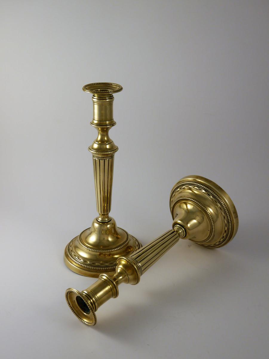 Pair Of Candlesticks In Gilded Brass, Louis XVI, 18th Century-photo-2