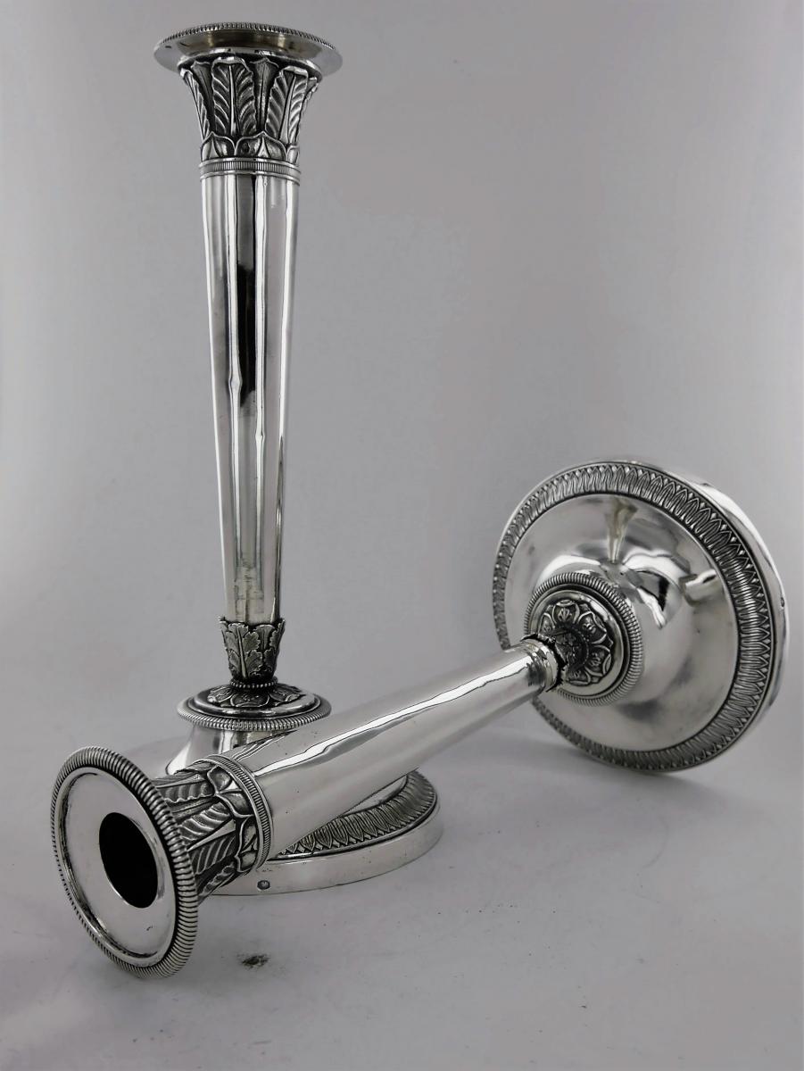 Pair Of Empire Silver Candlesticks, Early 19th Century