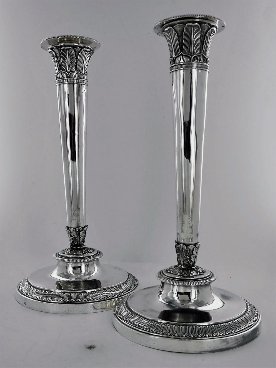 Pair Of Empire Silver Candlesticks, Early 19th Century-photo-2
