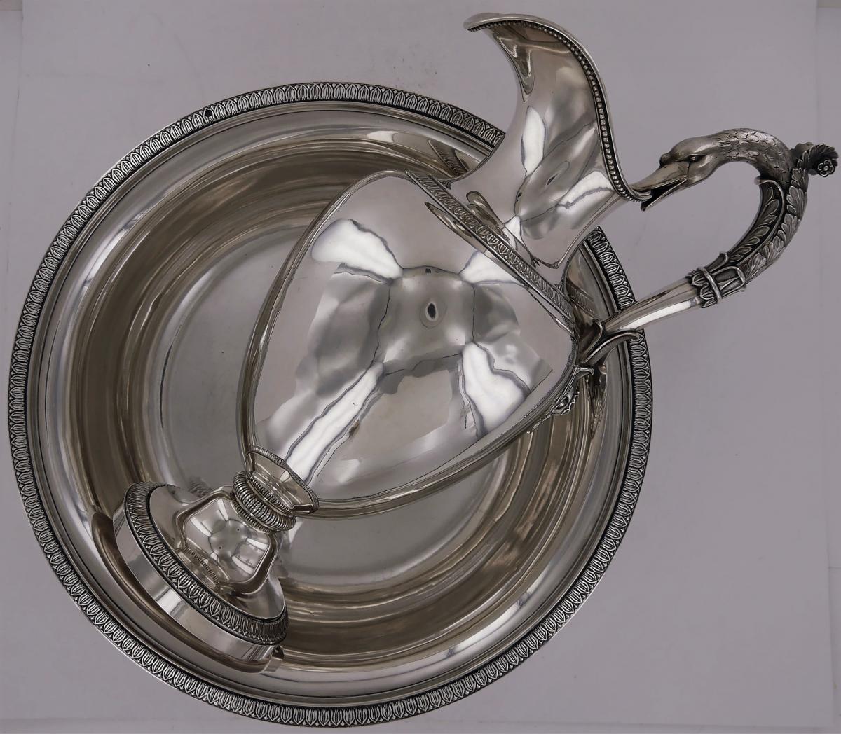 Ewer And Its Basin, In Sterling Silver, Empire Style, Early 19th Century