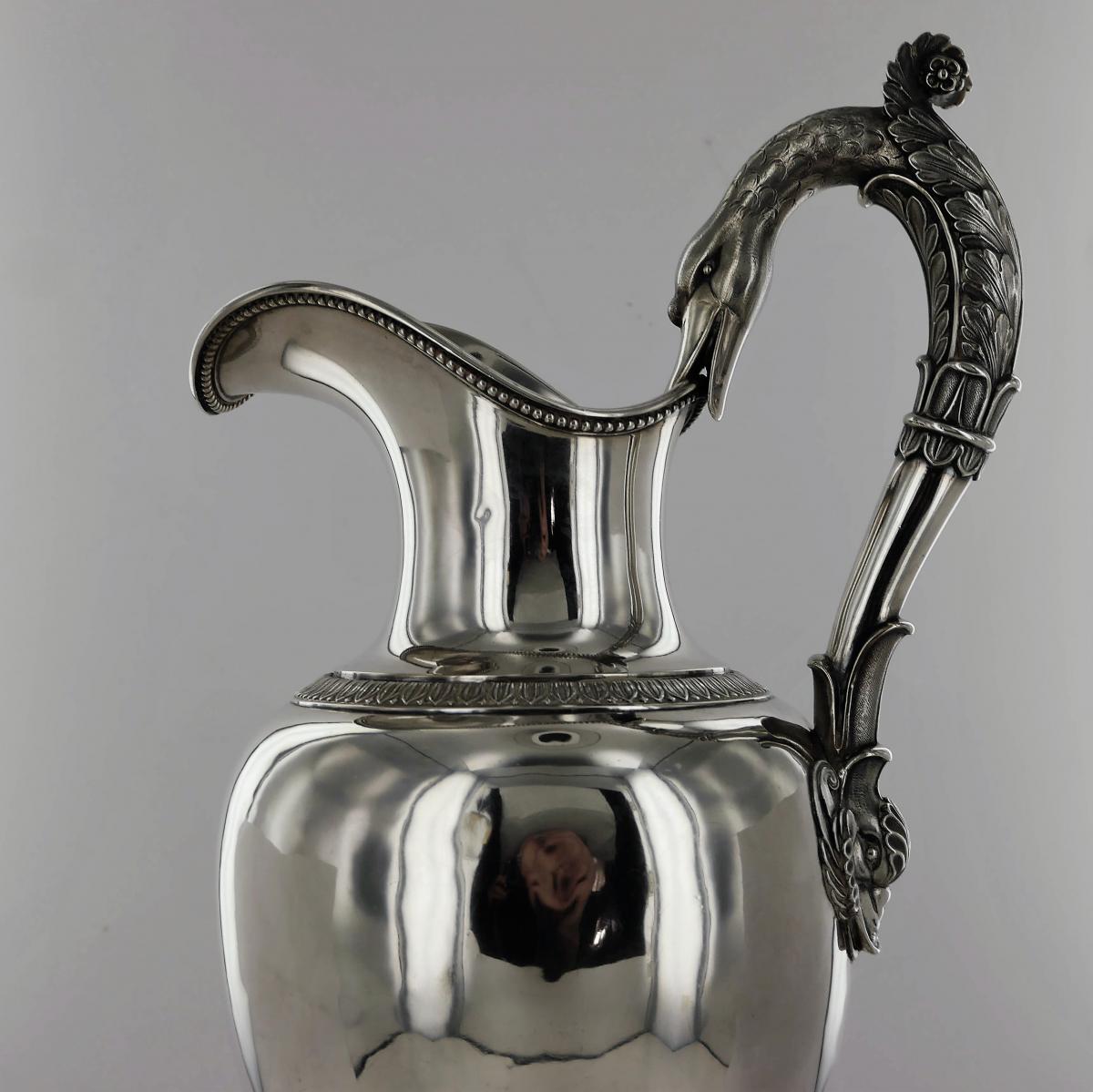 Ewer And Its Basin, In Sterling Silver, Empire Style, Early 19th Century-photo-3