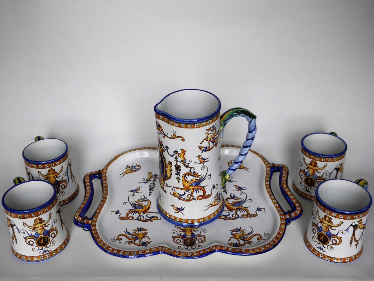 Set Of 4 Cups, Water Pot And Tray, Gien, 1860-1871