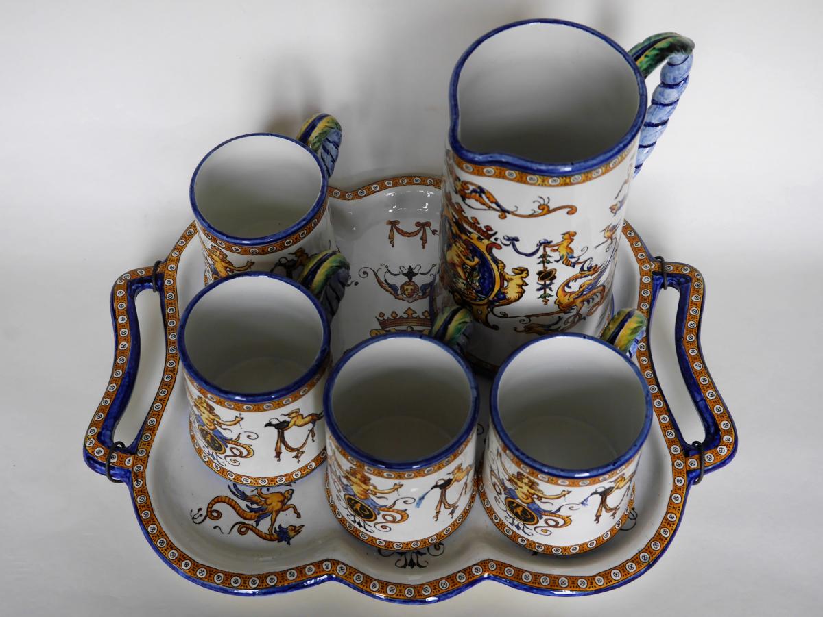 Set Of 4 Cups, Water Pot And Tray, Gien, 1860-1871-photo-4