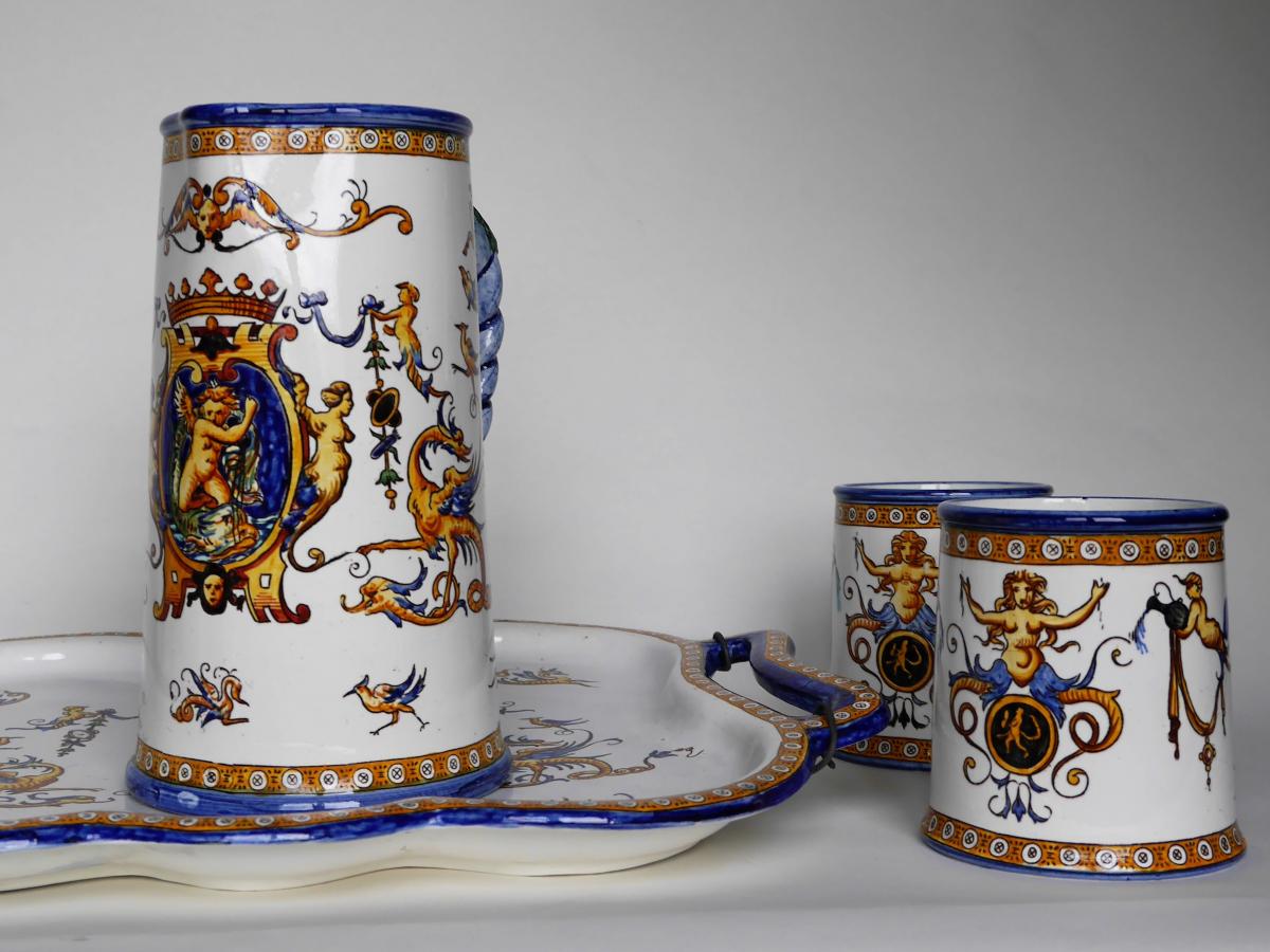 Set Of 4 Cups, Water Pot And Tray, Gien, 1860-1871-photo-3