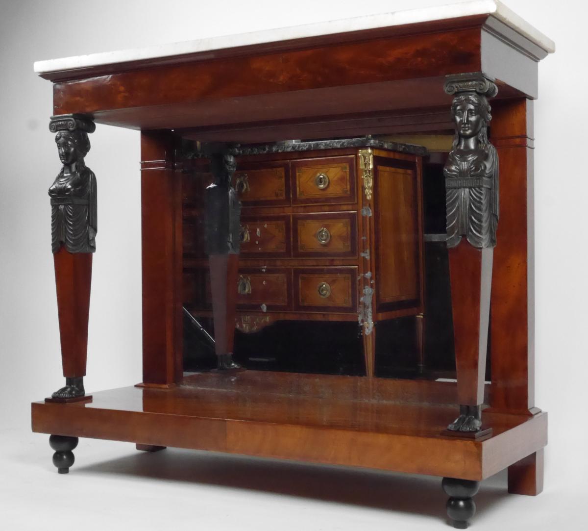 An Empire Console In Mahogany With Caryatids, Early 19th Century