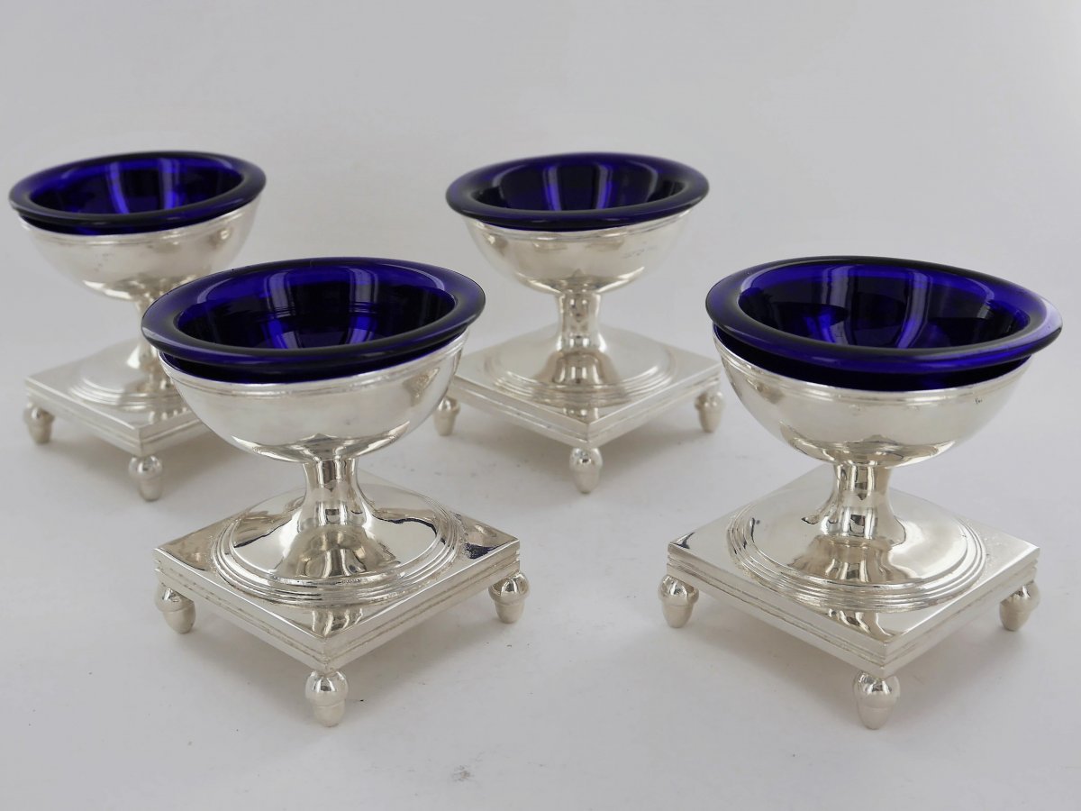 Suite Of 4 Salt Cellars In Sterling Silver And Crystal, Empire Period, Early 19th Century