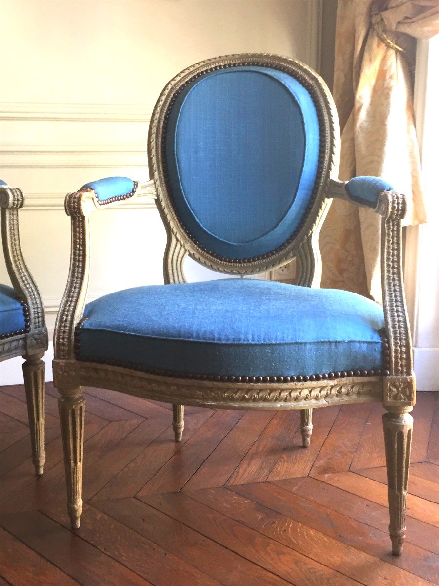 Paire De Larges Fauteuils Cabriolets Louis XVI Estampillés De I B Séné, XVIIIe Siècle, à restaurer-photo-3