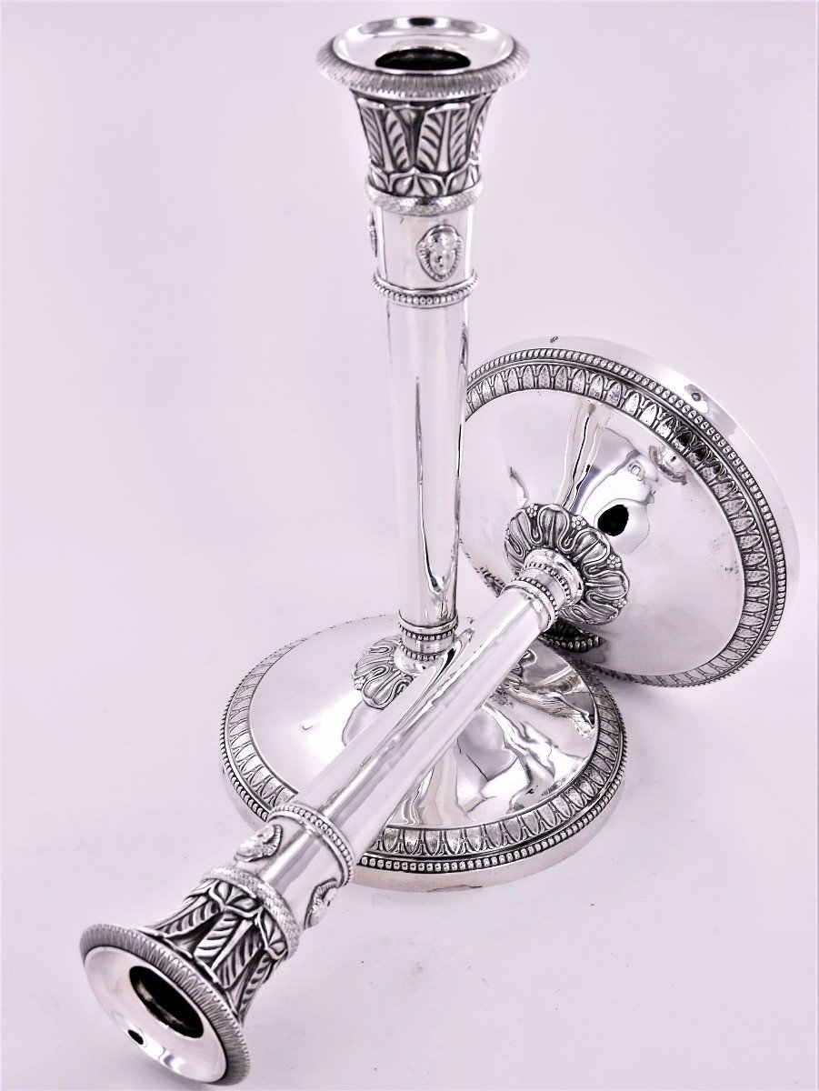 Pair Of Empire Style Silver Candlesticks, Early 19th Century