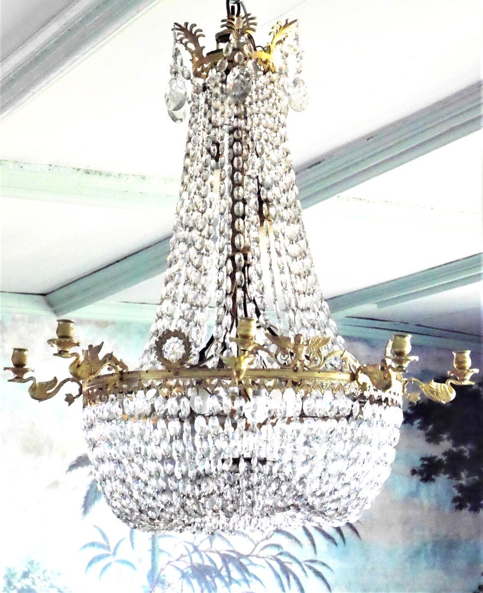 An Empire Basket Chandelier In Gilt Bronze And Cut Crystal, Circa 1850