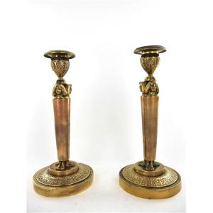 Pair Of Candlesticks In Gilt Copper, Empire Period