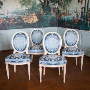 Suite De 4 Chaises d'époque Louis XVI à Dossier Médaillon, XVIIIe Siècle