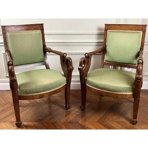 Pair Of Empire Mahogany Armchairs, Early 19th Century