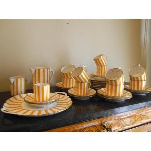 Tea And Coffee Service With White And Yellow Stripes In Limoges Porcelain, Art Deco, 20th Century