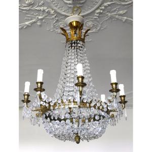 Lustre Corbeille en cristal et bronze De Style Empire, Fin XIXe 