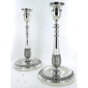 Pair Of Empire Period Silver Candlesticks, Early 19th Century