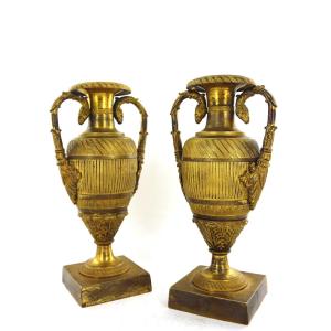 Pair Of Gilt Bronze Vases Forming Candlesticks From The Empire Period, 19th Century