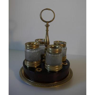 Inkwell In Gilt Bronze And Mahogany