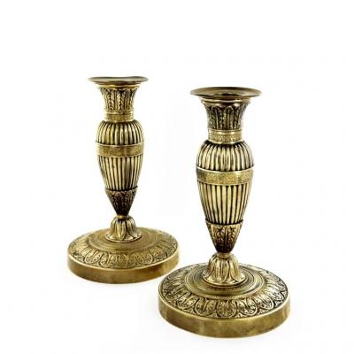 Pair Of Candlesticks In Gilt Bronze, Empire Period, Early Nineteenth