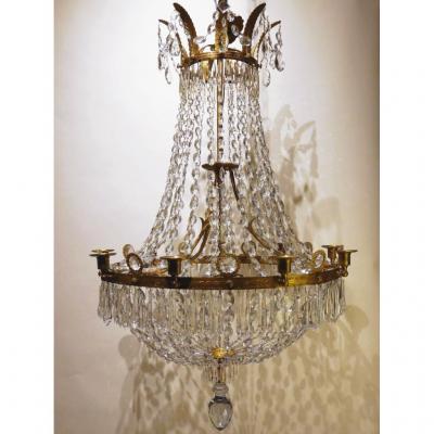 Grand Lustre Corbeille En Cristal De Style Empire, Début XIXe