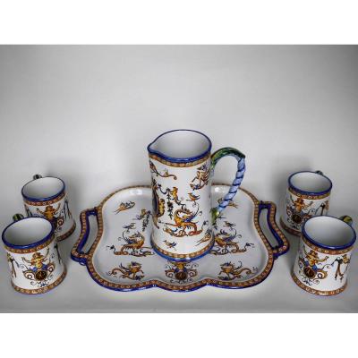 Ensemble De 4 Tasses, Pot à Eau Et Plateau, Gien, 1860-1871