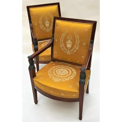 Pair Of Caryatids Armchairs, Consulate Period, By Demay, Early 19th Century