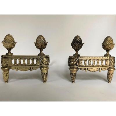 Pair Of Andirons In Gilt Bronze In The Louis XVI Style
