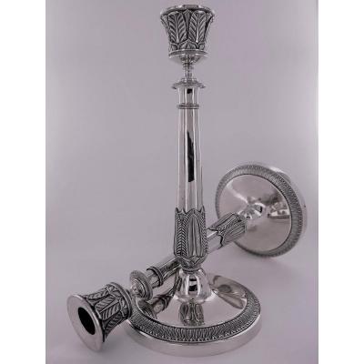 Paire De Bougeoirs En Argent d'époque Empire