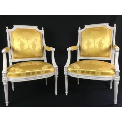 Pair Of Louis XVI Armchairs By Chevigny, 18th Century