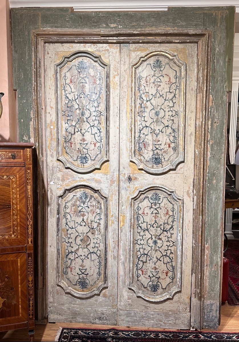 Decorated Door, With Original Hinges And Jamb, Coming From Naples, First Half Of The Eighteenth