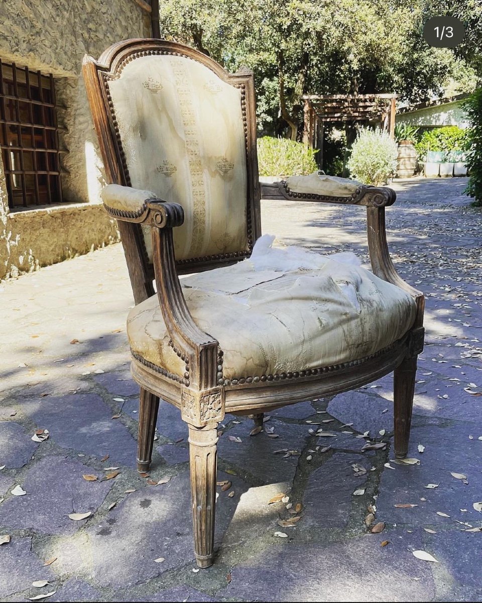 Louis XVI Armchair In Carved Wood, 18th Century, Truncated Cone Legs.