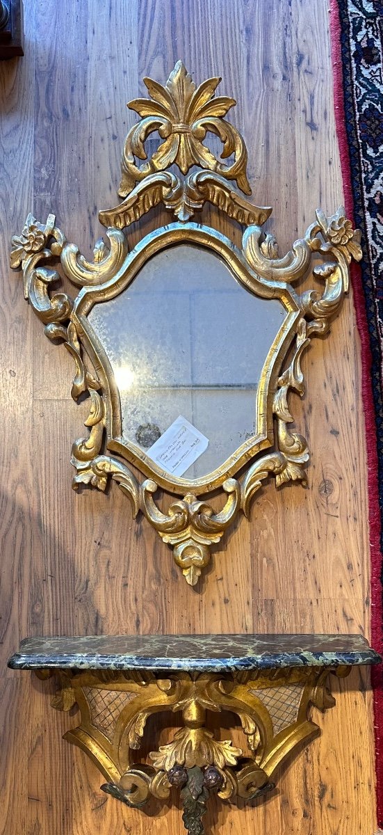 Console With Marbled Top And Late 19th Century Gold Leaf Mirror
