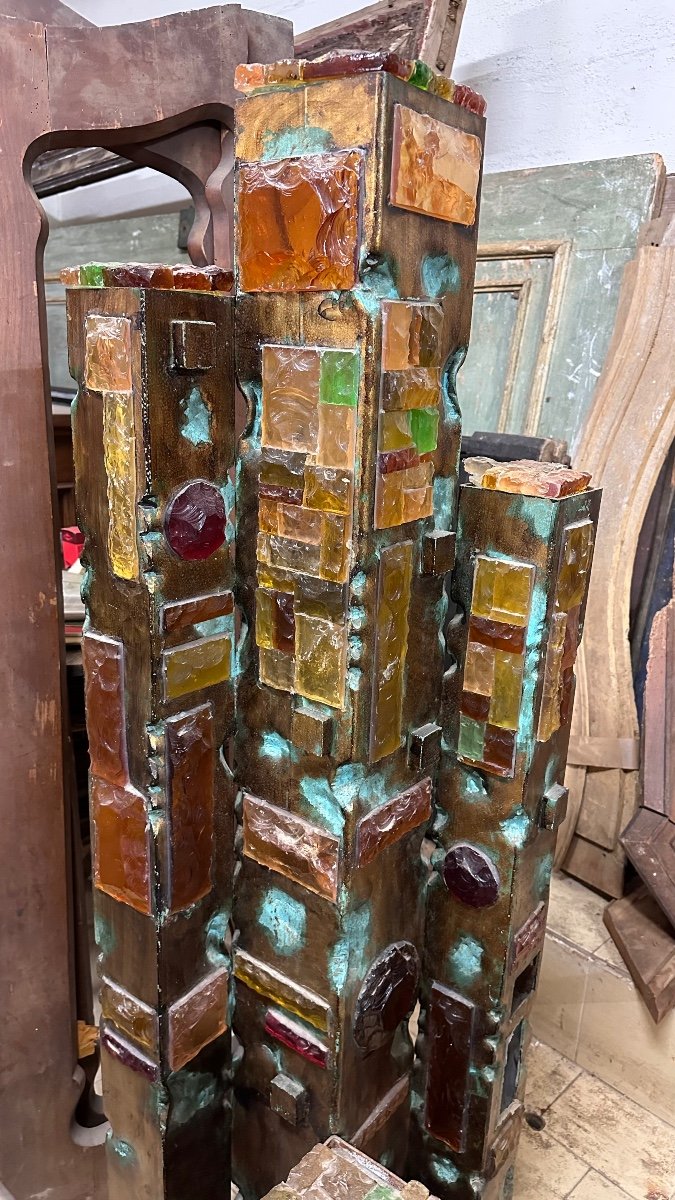Lampadaire En Verre Martelé Et Fer Forgé Doré De Longobard, Italie, Années 1970-photo-3