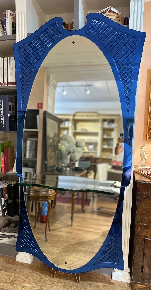 Miroir Avec Cadre En Verre Coloré Et Dépoli. Détails En Laiton. Cristal Art, Italie  1960