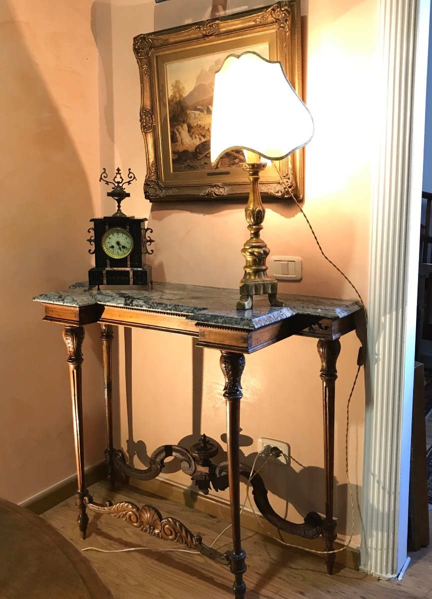 Console En Bois De Noyer Sculpté Et Plateau En Marbre. Toscane De La Fin Du XIXe Siècle.