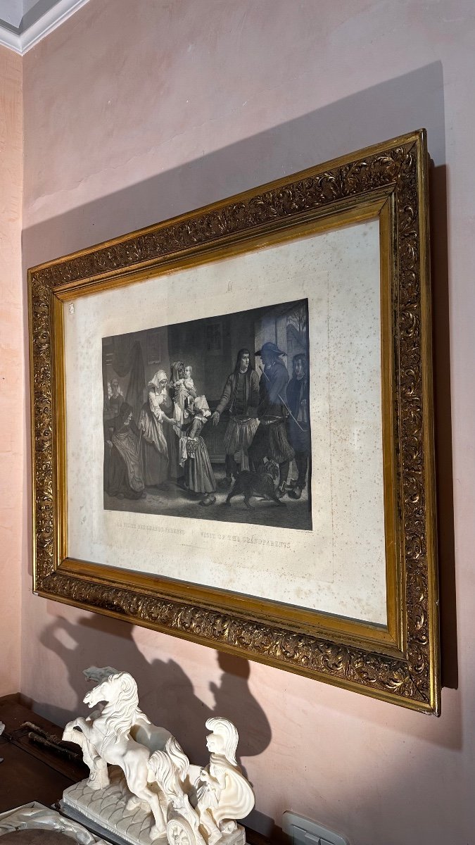 Painting Depicting A Lithograph Of A Family Scene, Gold Frame, France, Late 19th Century-photo-1
