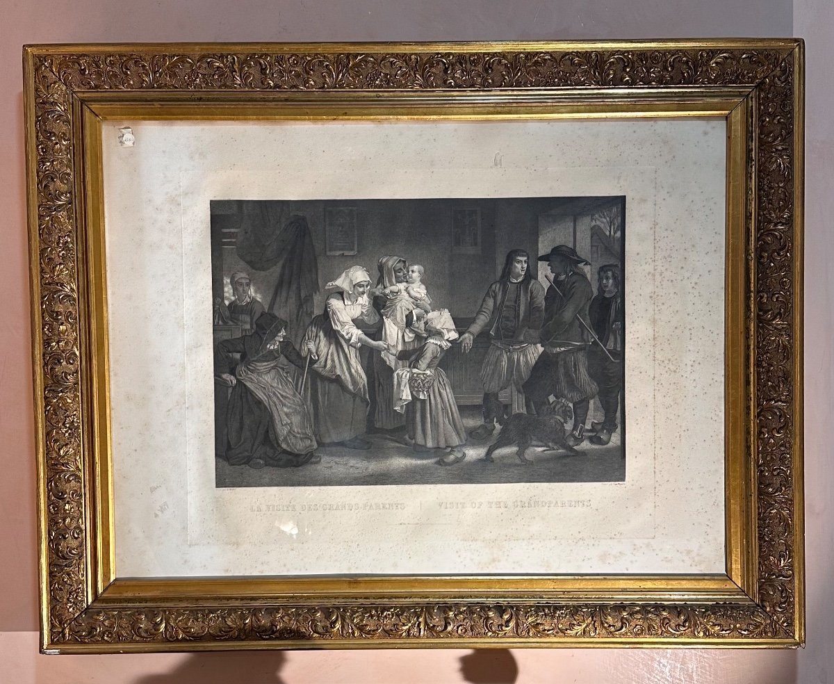 Painting Depicting A Lithograph Of A Family Scene, Gold Frame, France, Late 19th Century