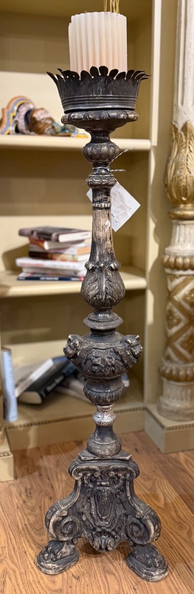 Flambeaux En Bois Sculpté, Feuille d'Argent, Gênes, Fin XVIIIe Siècle