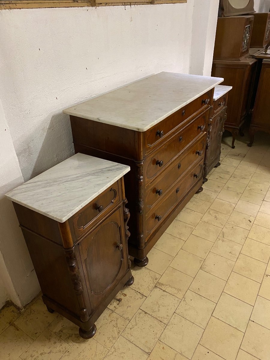 Commode Et Tables De Chevet En Noyer Avec Dessus En Marbre Fin 19ème Siècle-photo-2
