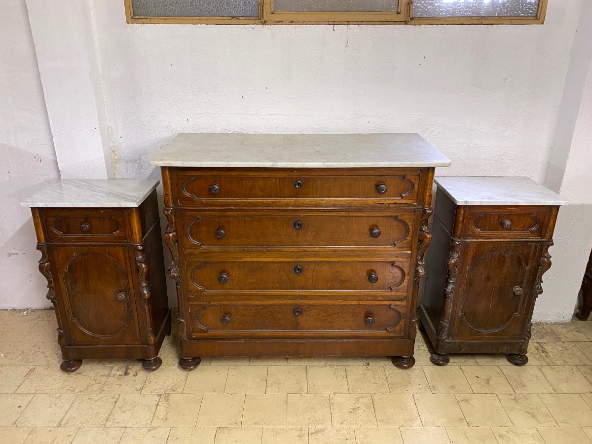 Commode Et Tables De Chevet En Noyer Avec Dessus En Marbre Fin 19ème Siècle-photo-3