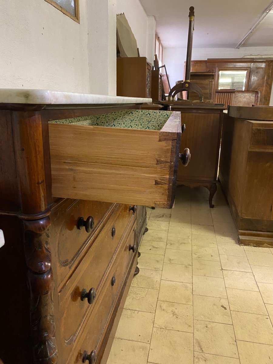 Commode Et Tables De Chevet En Noyer Avec Dessus En Marbre Fin 19ème Siècle-photo-4