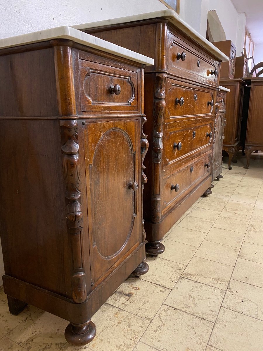 Commode Et Tables De Chevet En Noyer Avec Dessus En Marbre Fin 19ème Siècle-photo-2
